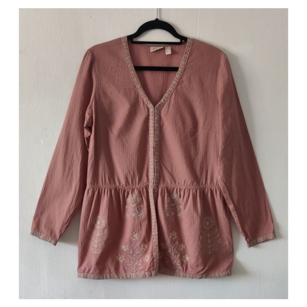 LOGO Lavish Embroidered Floral Tunic Top Shacket Size S Mauve Cotton Long Sleeve
